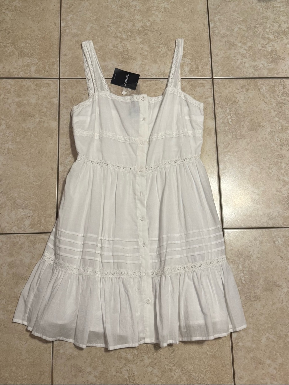 Forever 21 White Button-Front Lace-Trim Mini Sundress